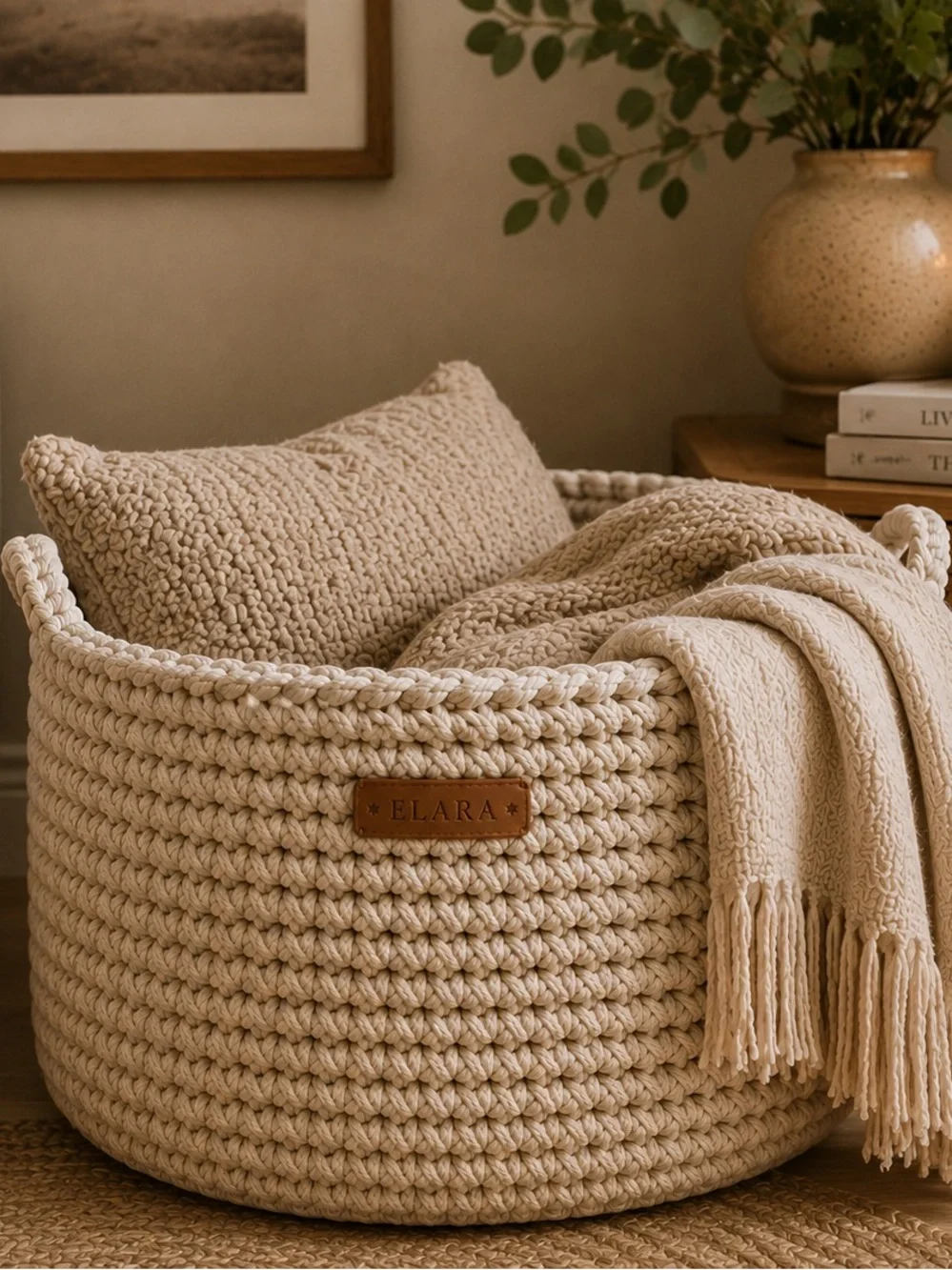 ELARA Handmade Neutral Knit Blanket Basket